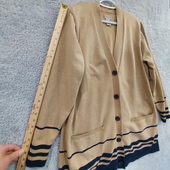 Duluth Trading Longline Cardigan Womens 1X Tan Navy Striped Open Front Preppy - Picture 9 of 13